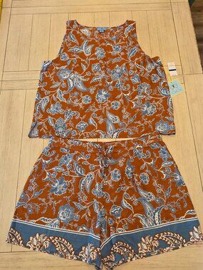 NWT CeCe terracotta/blue paisley floral 2pc tank & short set | Size XL
